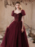 Wine Red Puffy Short Sleeves Tulle Prom Dress, Wine Red Tulle Party Dress