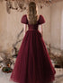 Wine Red Puffy Short Sleeves Tulle Prom Dress, Wine Red Tulle Party Dress