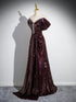 A-line Maroon Sequins Beaded Long Party Dress, Maroon Simple Prom Dress