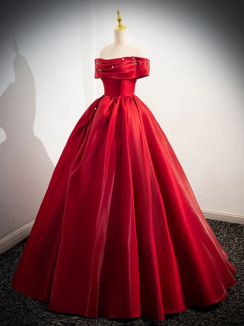 Red Satin Off Shoulder Lace-up Long Formal Dress, Red Satin Prom Dress