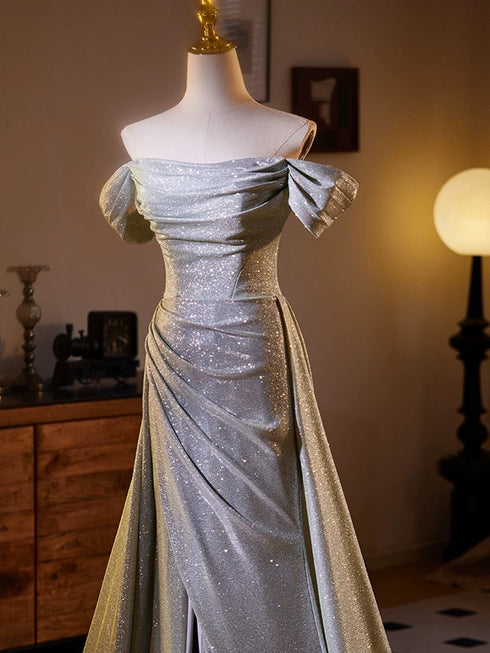 A-line Sliver Grey Off Shoulder Long Prom Dress, Sliver Grey Party Dress with Leg Slit