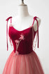 A-line Tulle Pink Gradient Straps Long Party Dress, Pink Tulle Floor Length Prom Dress