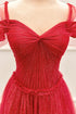 Red A-line Shiny Tulle Floor Length Party Dress, Red Off Shoulder Prom Dress