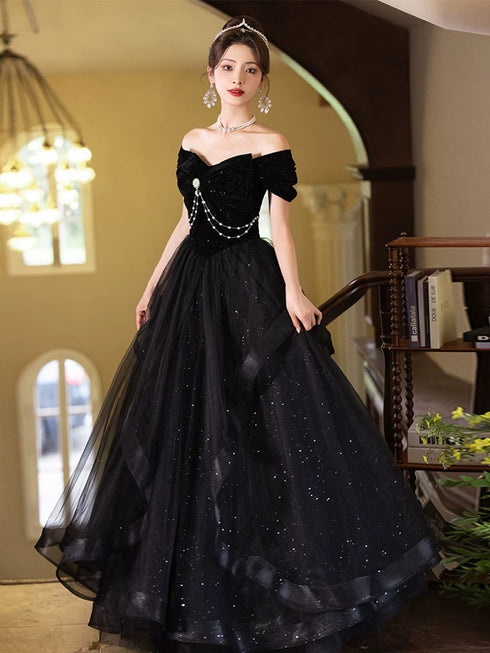 Black Sweetheart Tulle and Velvet Long Party Dress,Black Short Sleeves Prom Dress