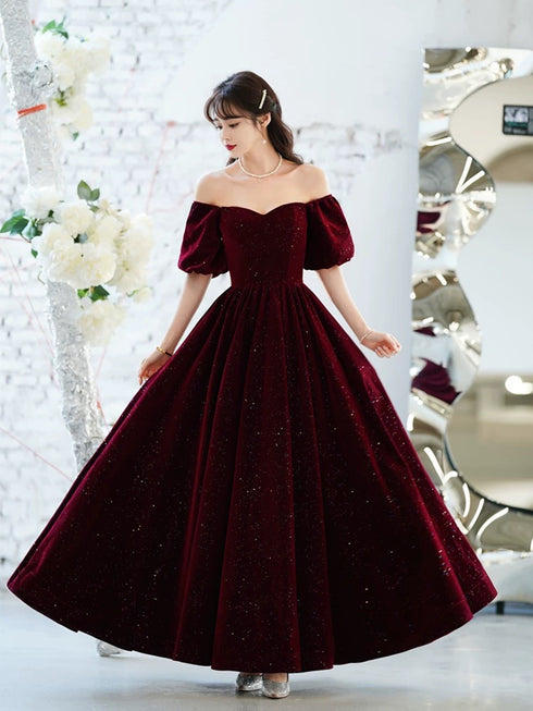 Wine Red Long Velvet Short Sleeves Party Dress, Wine Red Velvet Prom Dress