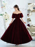 Wine Red Long Velvet Short Sleeves Party Dress, Wine Red Velvet Prom Dress