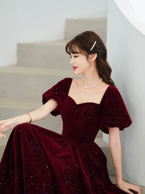 Wine Red Long Velvet Short Sleeves Party Dress, Wine Red Velvet Prom Dress
