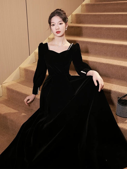 A-line Black Velvet Long Sleeves Simple Style Prom Dress, Black Velvet Party Dress