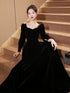 A-line Black Velvet Long Sleeves Simple Style Prom Dress, Black Velvet Party Dress