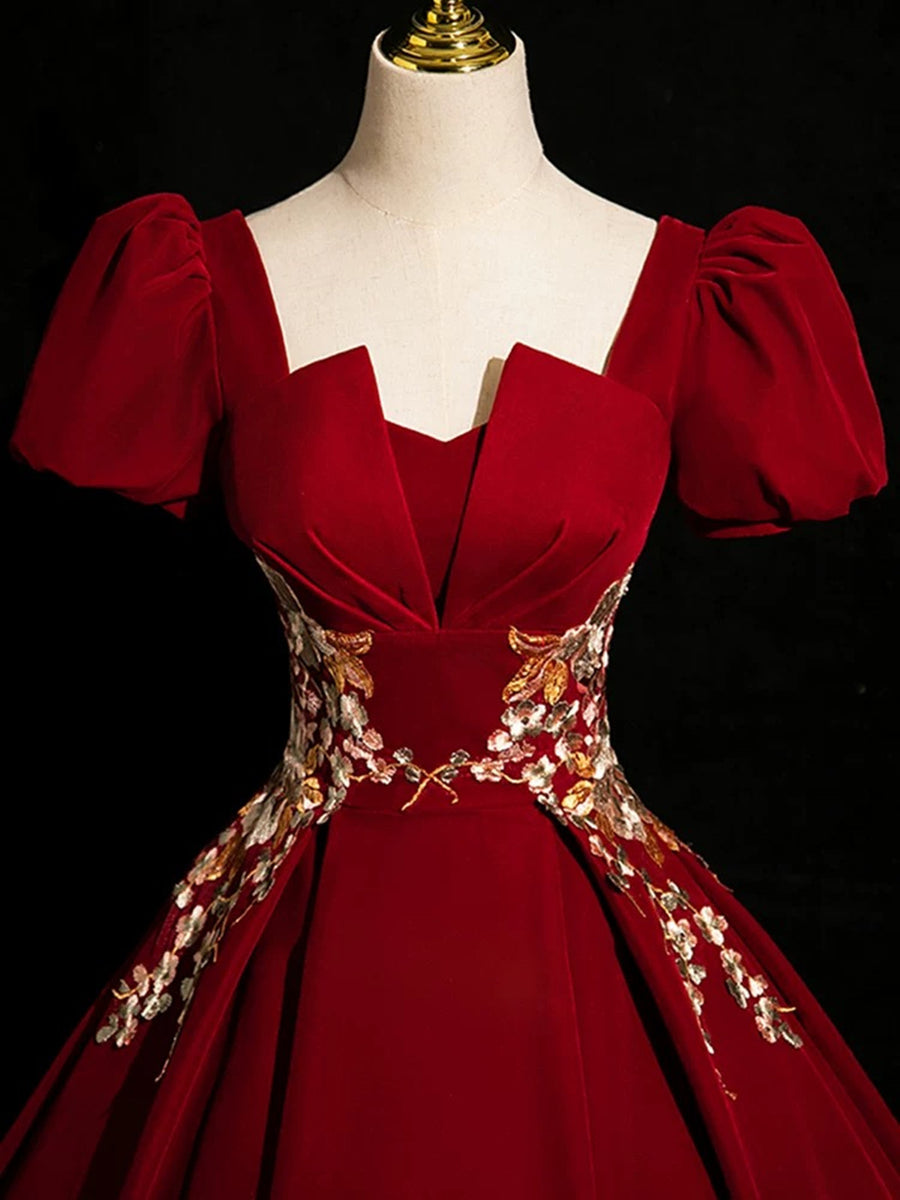 Lovely Wine Red Velvet Short Sleeves Formal Dress main image 0
