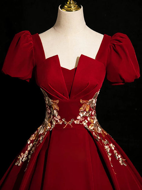 Wine Red Velvet Short Sleeves Long Party Dress, Wine Red Prom Dress with Lace