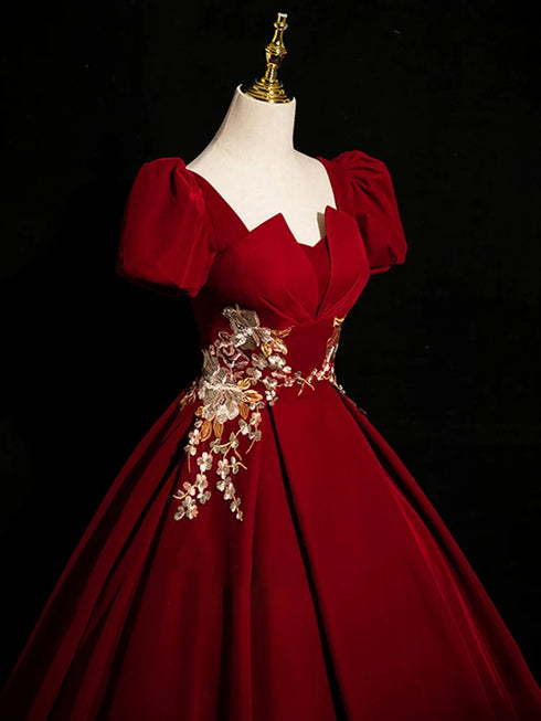 Wine Red Velvet Short Sleeves Long Party Dress, Wine Red Prom Dress with Lace