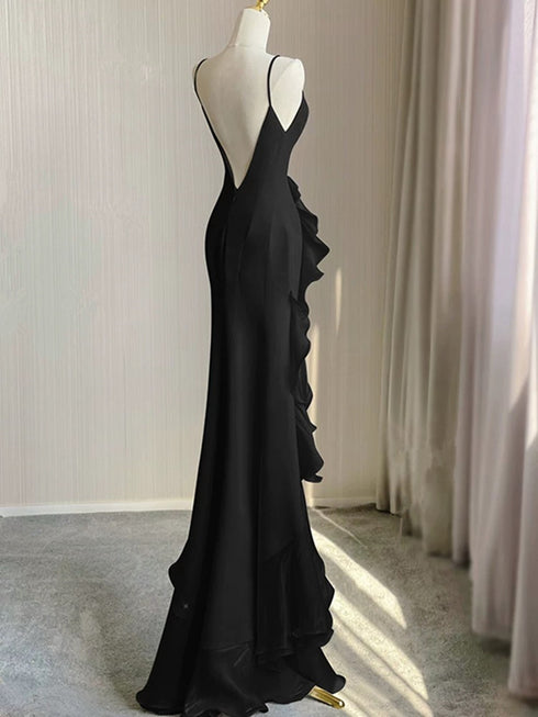 Black Mermaid Round Neckline Low Back Party Dress, Black High Low Prom Dress
