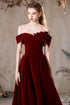 Wine Red Velvet Off Shoulder Long Party Dress, Wine Red A-line Prom Dress