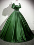 Green Satin Beaded Short Sleeves Long Formal Dress, Green Sweetheart Prom Dress