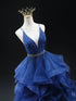 Shiny Tulle Blue Layers V-neckline Party Dress, Blue Beaded Long Prom Dress