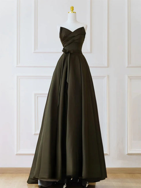 Green Satin V-neckline A-line Floor Length Party Dress, Green Satin Prom Dress