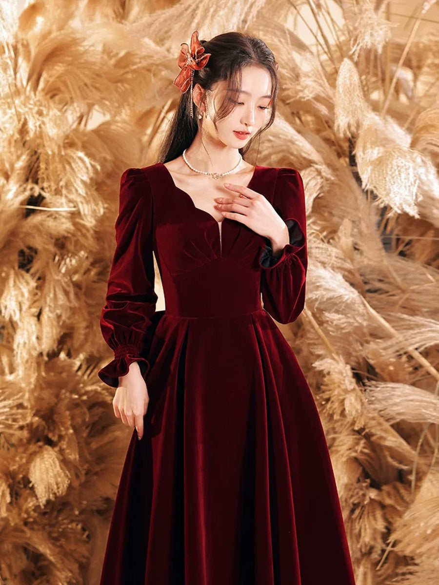 Wine Red Velvet Long Sleeves V-neckline Party Dress, Wine Red Velvet P