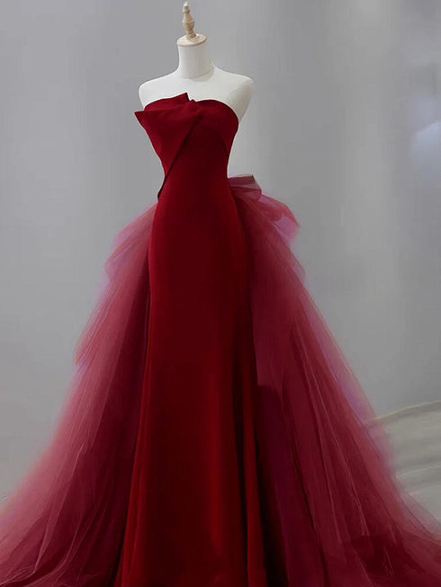 Glam Wine Red Satin And Tulle Long Party Dress, Strapless Wine Red Evening Dress