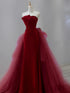 Glam Wine Red Satin And Tulle Long Party Dress, Strapless Wine Red Evening Dress