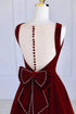 A-line Wine Red Velvet Tea Length Party Dress, Wine Red Velvet Prom Dress