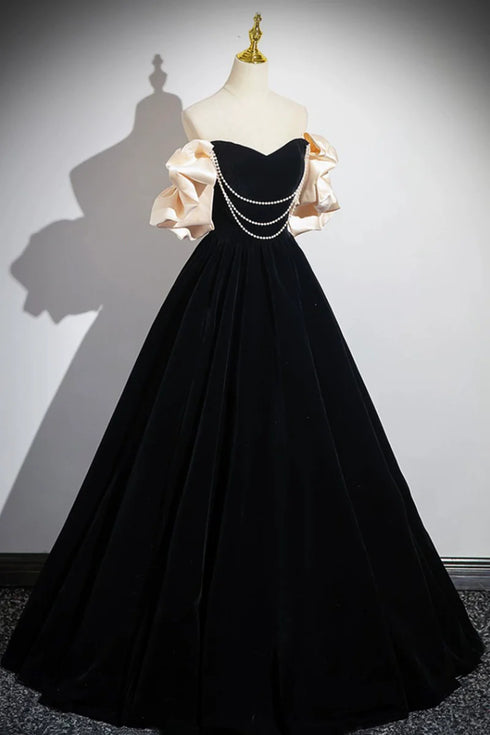 A-line Black Velvet Pearls Off Shoulder Party Dress, Black Velvet Prom Dress