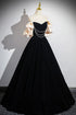 A-line Black Velvet Pearls Off Shoulder Party Dress, Black Velvet Prom Dress