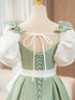 Light Green Satin Puffy Short Sleeves Long Party Dress, Light Green Satin Prom Dress