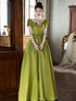 A-line Green Satin Simple Short Sleeves Party Dress, Green Satin Prom Dress