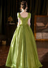 A-line Green Satin Simple Short Sleeves Party Dress, Green Satin Prom Dress