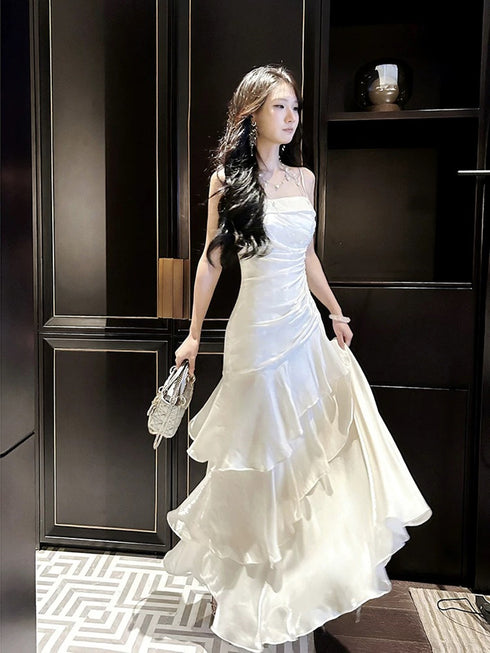 White Mermaid Straps Layers Satin Party Dress, White Satin Long Prom Dress Evening Dress