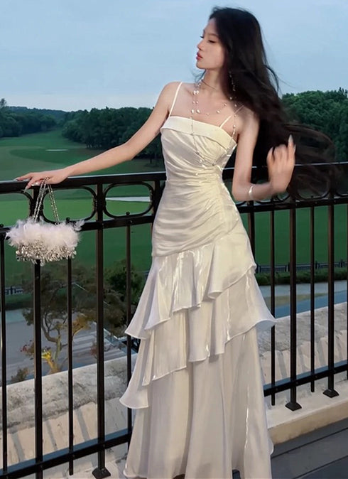 White Mermaid Straps Layers Satin Party Dress, White Satin Long Prom Dress Evening Dress