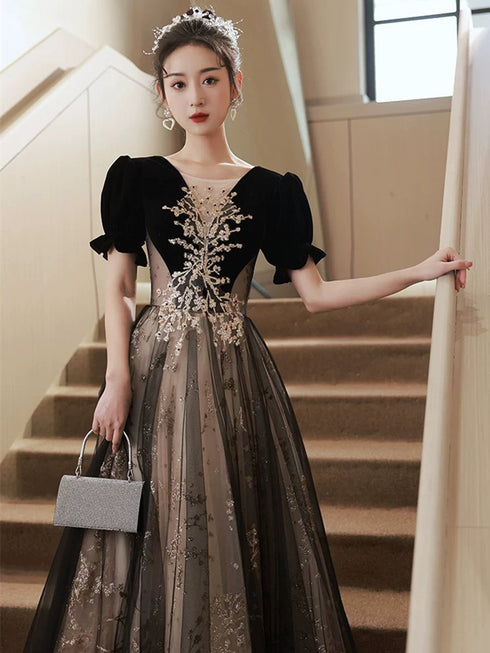 A-line Black Tulle and Velvet Floor Length Party Dress, Short Sleeves Black Prom Dress