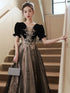 A-line Black Tulle and Velvet Floor Length Party Dress, Short Sleeves Black Prom Dress
