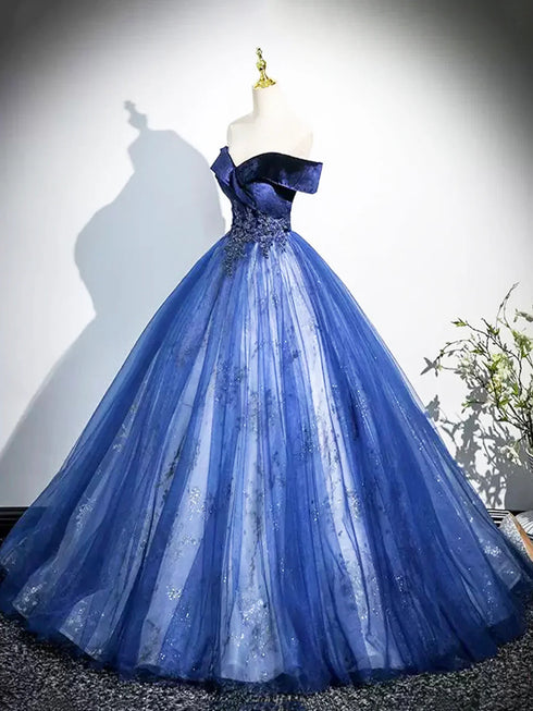 Blue Tulle with Lace Off Shoulder Party Dress, Blue Tulle Sweet 16 Dress