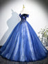 Blue Tulle with Lace Off Shoulder Party Dress, Blue Tulle Sweet 16 Dress