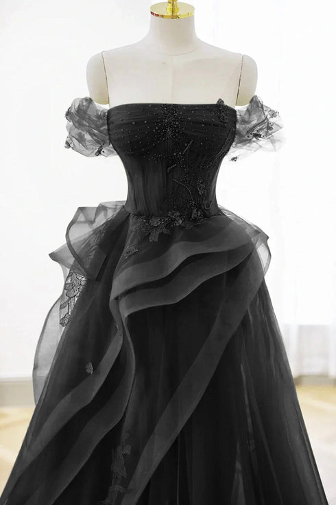 Black A-line Off Shoulder Tulle with Lace Applique Party Dress, Black Prom Dress