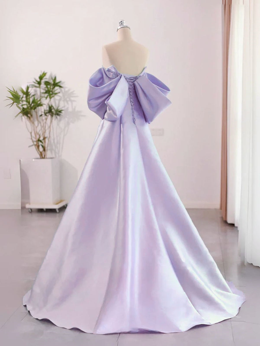 Light Purple Long Sleeve Satin A Line Long Evening Dress main image 0