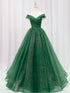 Green Tulle Sweetheart Off Shoulder A-line Prom Dress, Green Tulle Evening Dress