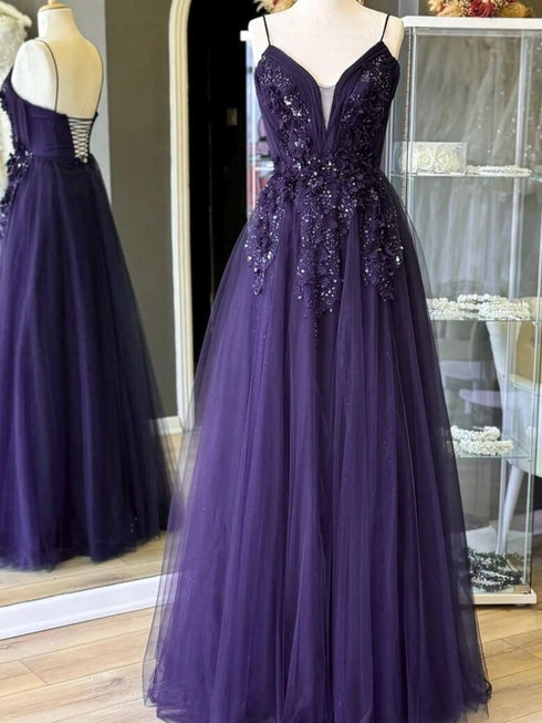 A-line Purple Tulle V-neckline with Lace Applique Prom Dress, Purple Tulle Evening Dress