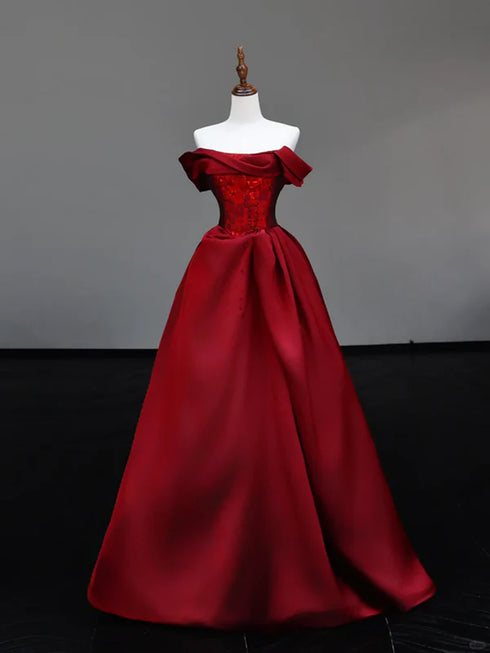Wine Red Satin Off Shoulder Sweetheart Party Dress, Wine Red Satin Floor Length Prom Dress