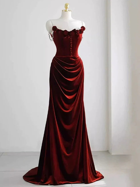 Wine Red Velvet Mermaid Straps Long Formal Dress, Wine Red Floor Off Shoulder Prom Dress