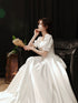 White Satin A-line Short Sleeves Wedding Party Dress, White Satin Long Prom Dress