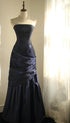 Navy Blue Scoop Taffeta Strapless Party Dress, Navy Blue Long Prom Dress Formal Dress