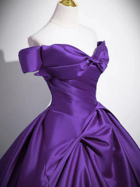 Purple Satin Off Shoulder Sweetheart Floor Length Prom Dress, Purple Satin Evening Dress