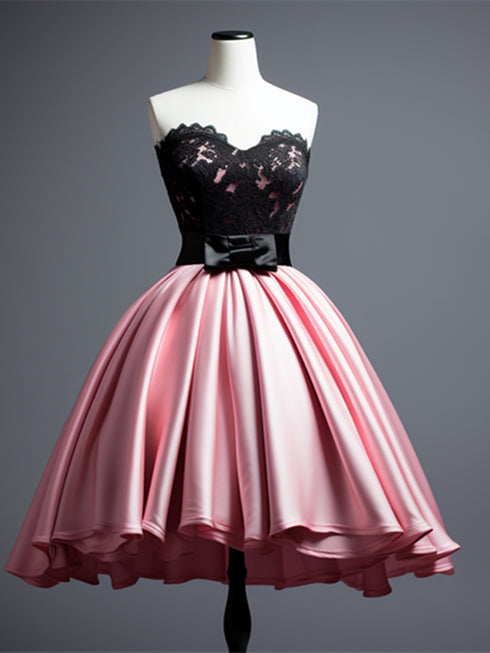 Pink Satin Knee Length with Lace Strapless Party Dress, Pink Short Homecoming Dress