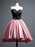 Pink Satin Knee Length with Lace Strapless Party Dress, Pink Short Homecoming Dress