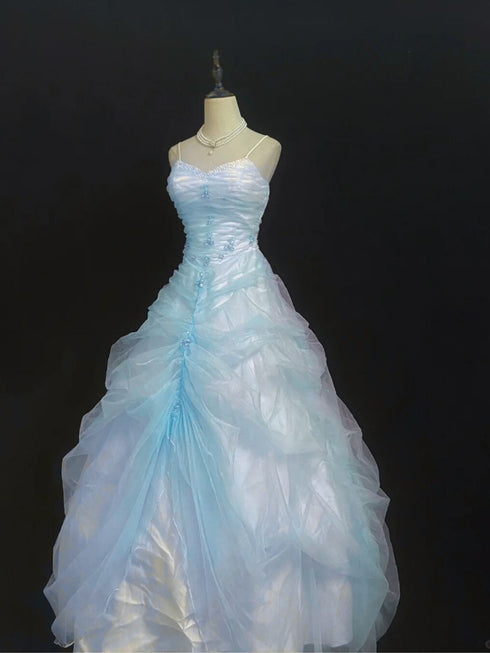 Light Blue Sweetheart Straps Beaded Long Prom Dress, Light Blue Floor Length Evening Dress