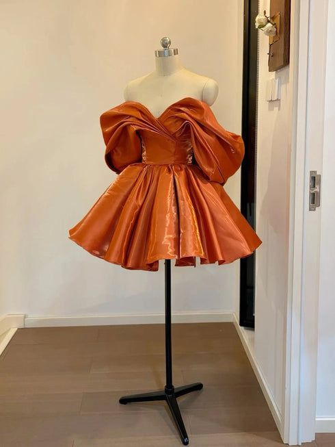 Orange Satin Knee Length Sweetheart Party Dress, Off Shoulder Satin Homecoming Dress