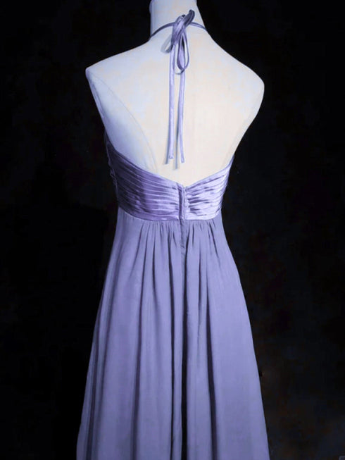 Purple Chiffon And Satin Halter Long Party Dress, A-Line Purple Floor Length Prom Dress